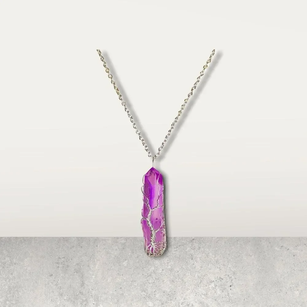 Wire Wrapped Quartz Crystal Necklace Tree of Life, Lavender - Picture 5 of 15